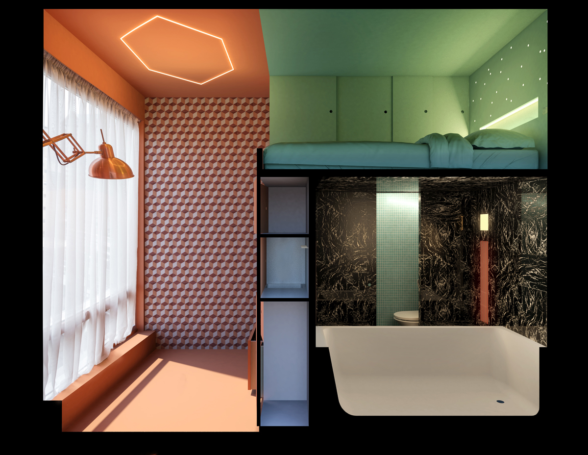 Interiérový řez mikrobytem s výraznými barevnými zónami a postavou u okna.