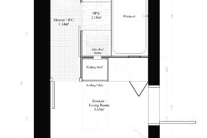 Technický půdorys dolního patra mikrobytu s kuchyní, toaletou a saunou.