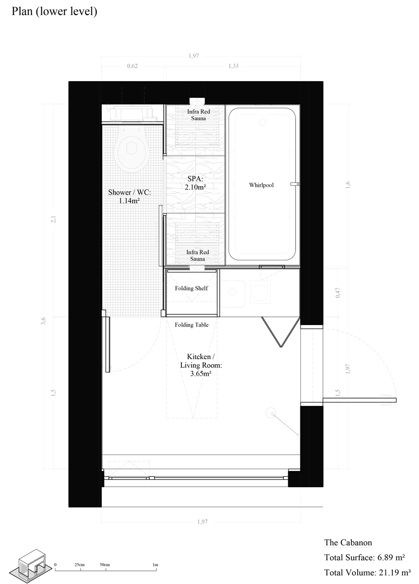 Technický půdorys dolního patra mikrobytu s kuchyní, toaletou a saunou.