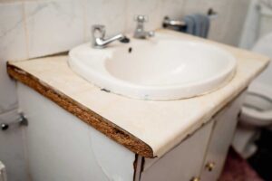 Koupelnová skříňka s umyvadlem, ze které se odlupuje krycí vrstva.