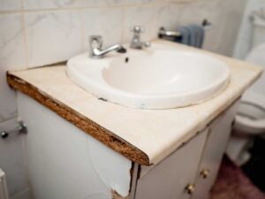 Koupelnová skříňka s umyvadlem, ze které se odlupuje krycí vrstva.