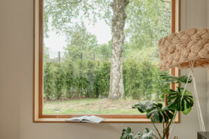 Pohled z interiéru domu přes velké okno na zahradu se stromem a keři.