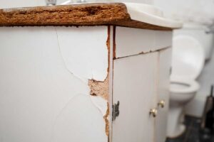 Poškozená koupelnová skříňka s rozpraskaným povrchem a nabobtnalými hranami.