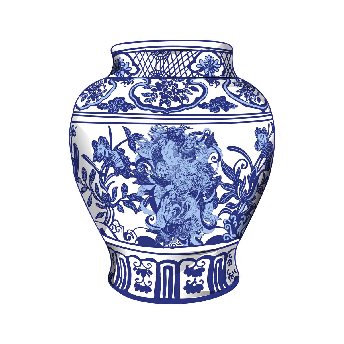 Čínská váza z modrobílého porcelánu s bohatým květinovým dekorem a jemnou ruční kresbou typickou pro tradiční čínskou keramiku