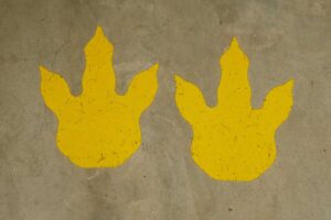 Žluté dinosauří stopy namalované na podlaze jako součást dětské hry