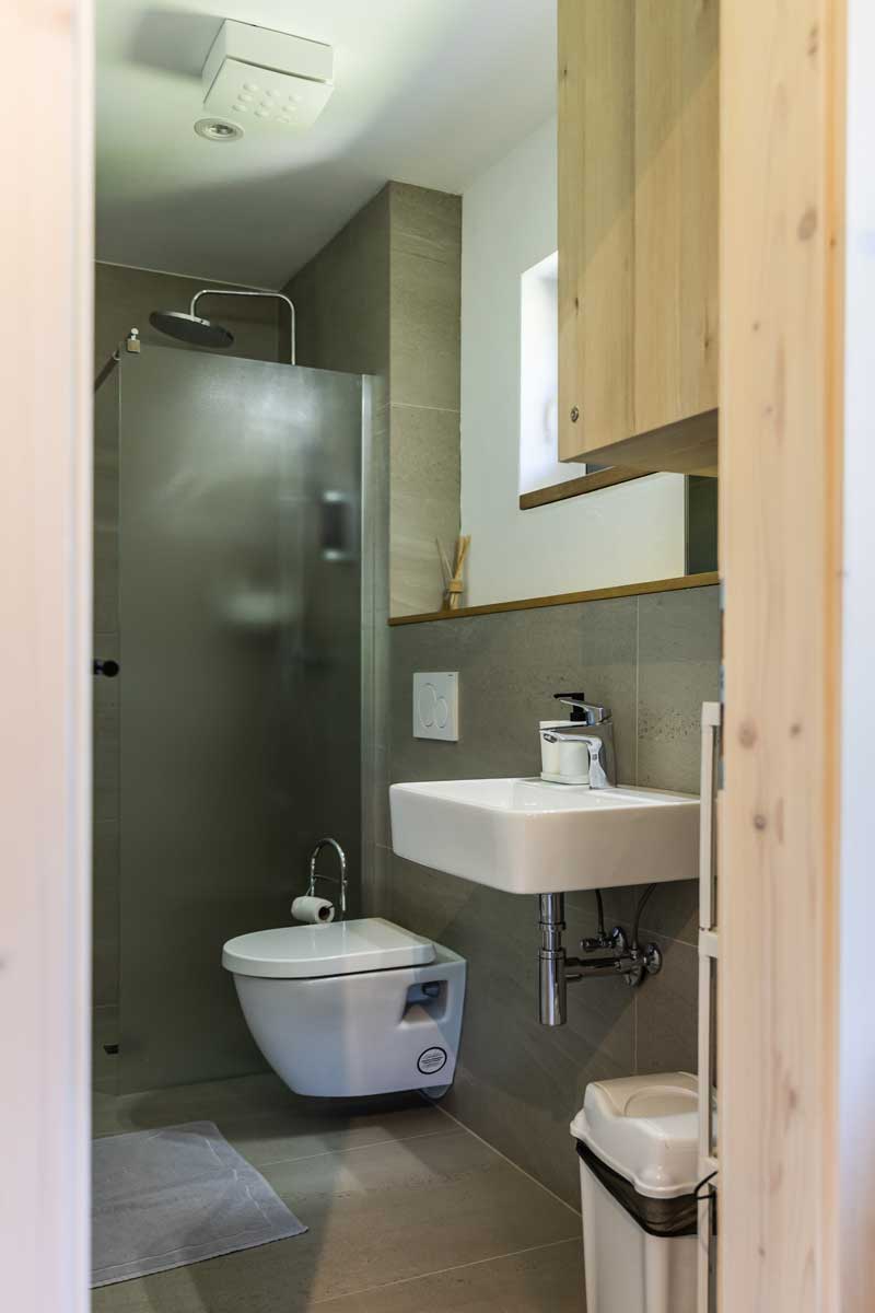 Minimalistická koupelna v horské chatě s umyvadlem, sprchovým koutem a přirozeným světlem