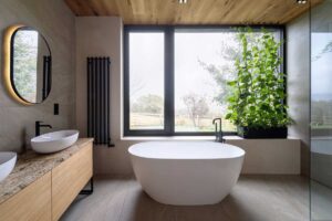 Koupelna s volně stojící vanou u velkého okna a zelení, která dotváří atmosféru.