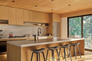 Kuchyňský ostrůvek s barovým sezením a výhledem do lesa