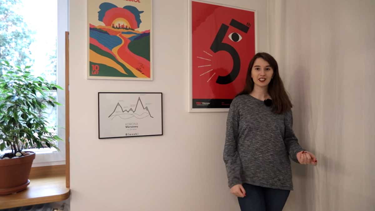 Detailní pohled na galerii plakátů umístěných na hlavní stěně garsonky.