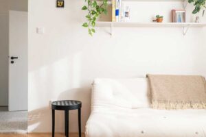 Obývací pokoj s nízkou pohovkou, kobercem a minimalistickými policemi s knihami.