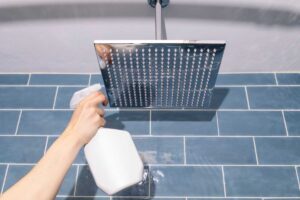 Ruka nanášející octový postřik na sprchovou hlavici jako prevenci proti zimnímu usazování vodního kamene.