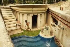 Moderní podzemní dům postavený ručně z přírodních materiálů s bazénem a schodištěm do země