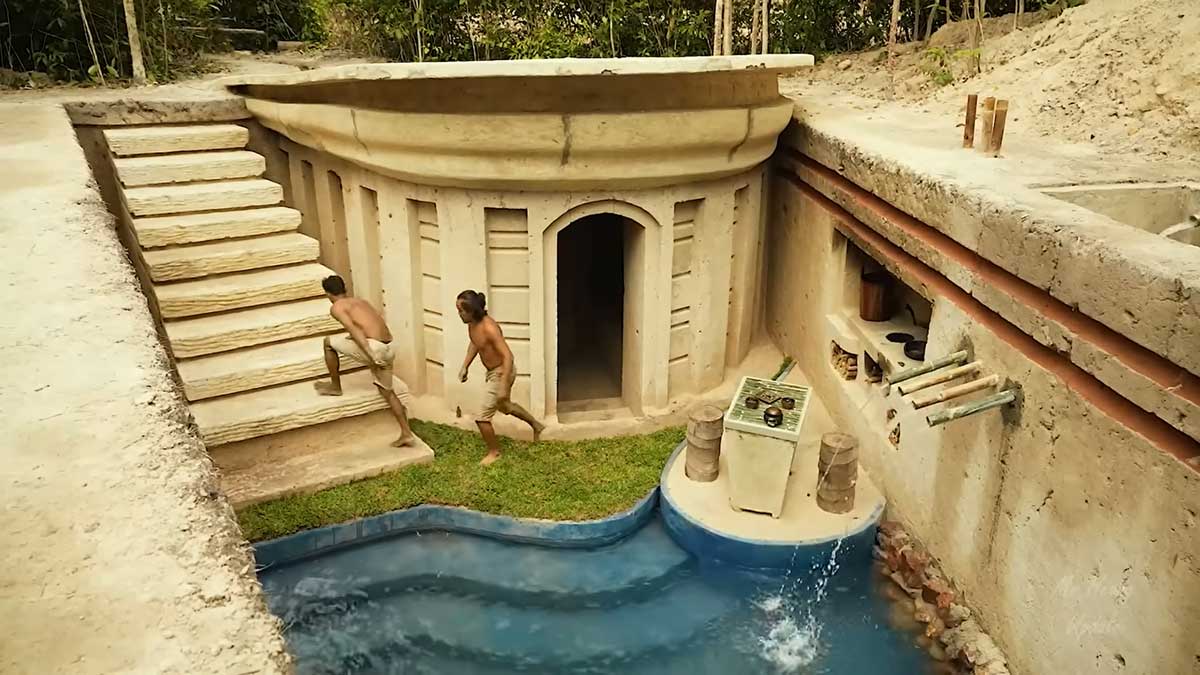 Moderní podzemní dům postavený ručně z přírodních materiálů s bazénem a schodištěm do země