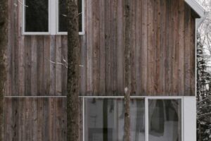 Detail dřevěné fasády domu obklopeného zasněženým lesem působí přirozeně a autenticky.