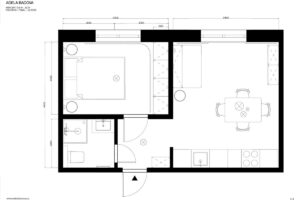 Půdorys malého bytu o rozloze 28 m² od Adély Bačové ukazující rozvržení kuchyně, ložnice, koupelny a obytné části.