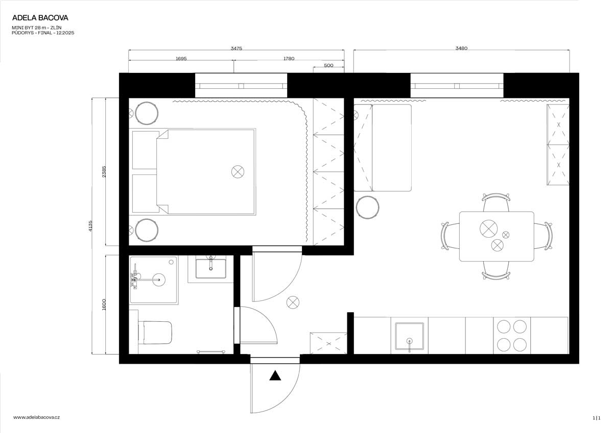 Půdorys malého bytu o rozloze 28 m² od Adély Bačové ukazující rozvržení kuchyně, ložnice, koupelny a obytné části.