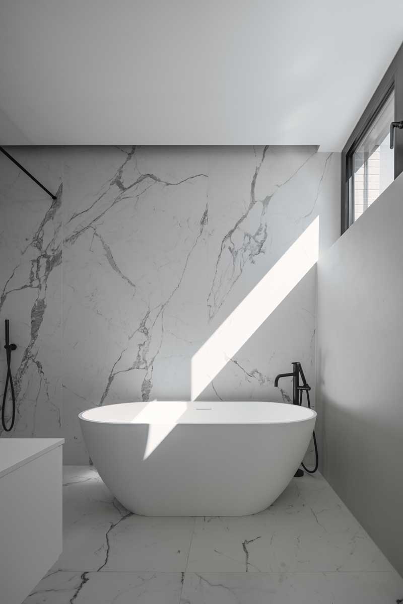Samostatně stojící vana umístěná u velkého okna, obklopená mramorovým obkladem.