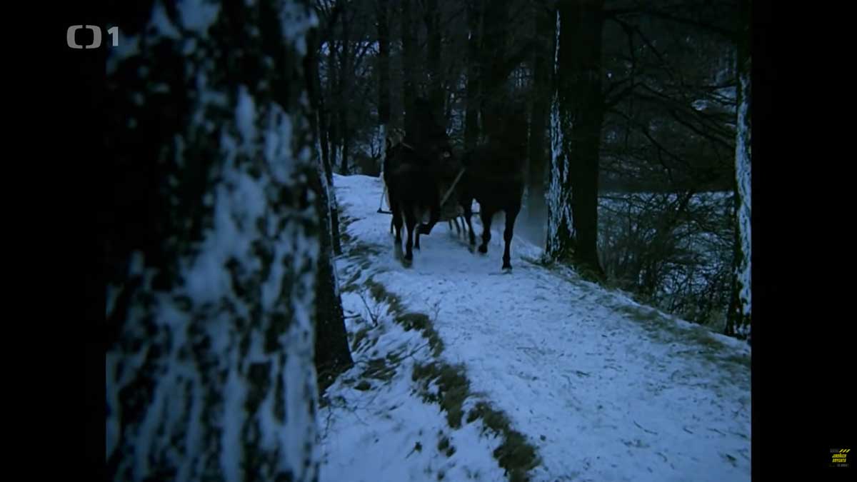 Stezka u rybníku v Mezihoří s koňmi ve filmové scéně