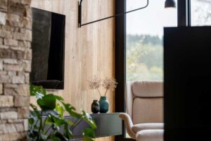 Designový koutek s moderní TV stěnou, křeslem a rostlinami u celoplošného okna.