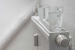 Sklenice s vodou položené na topení jako jednoduchý trik proti suchému vzduchu