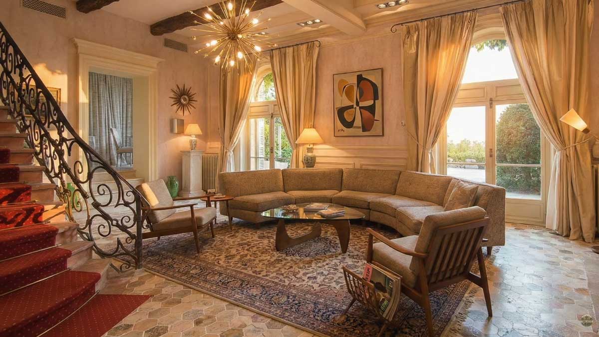 Denní obytná zóna se schodištěm ve stylu starého Říma v historickém sídle Brigitte Bardot