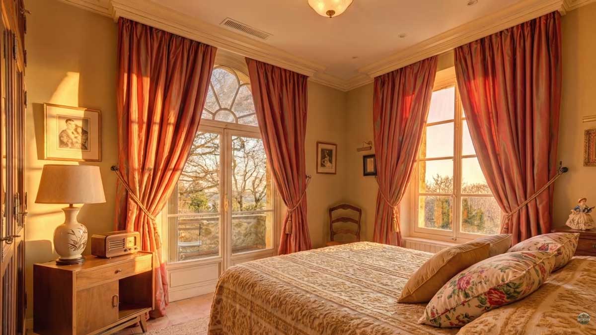 Ložnice v historickém domě Brigitte Bardot s výhledem do zahrady a jemným provensálským světlem