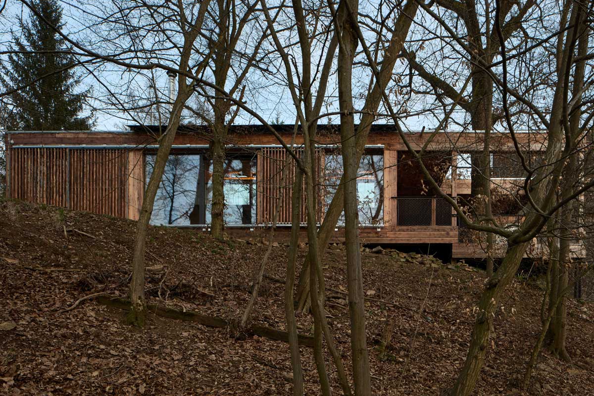 Pohled na dřevěnou přístavbu Domu Medník skrze lesní porost