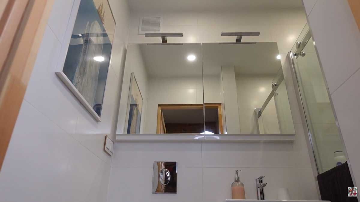 Malá koupelna v panelákovém bytě se sprchovým koutem a zrcadlovou skříňkou