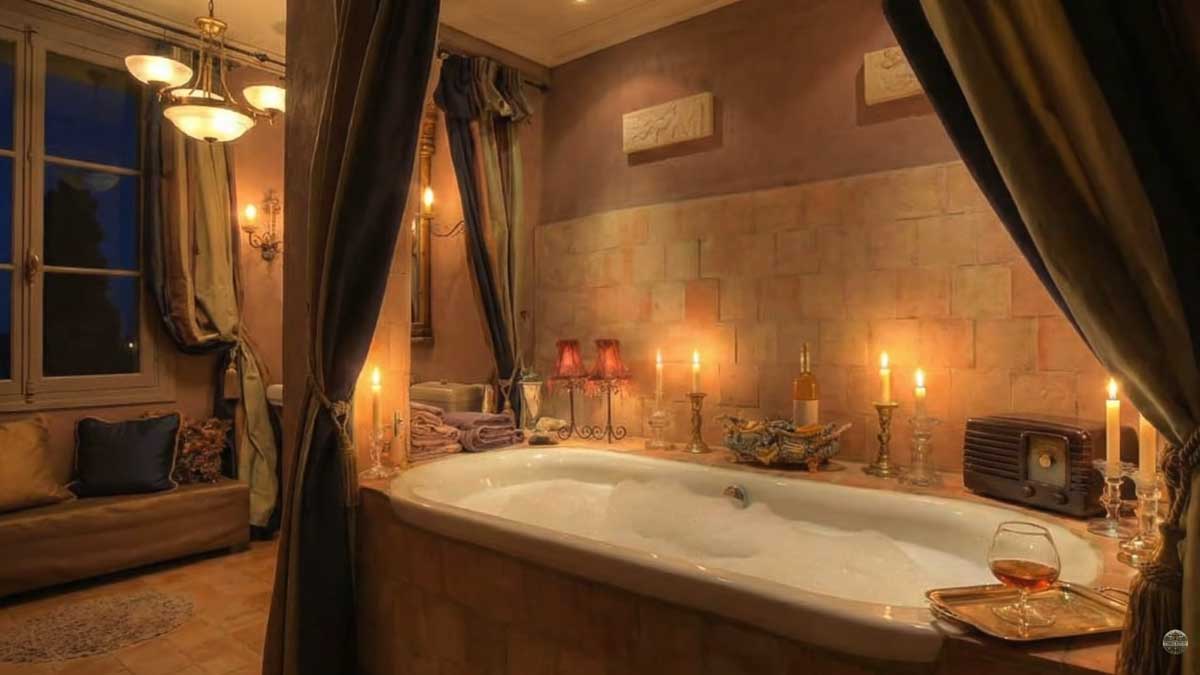 Luxusní koupelna v historickém domě Brigitte Bardot s vanou, svíčkami a atmosférou provensálského glamouru