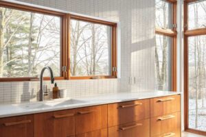 Kuchyňská linka v kombinaci dřeva a světlých ploch respektuje původní architekturu domu