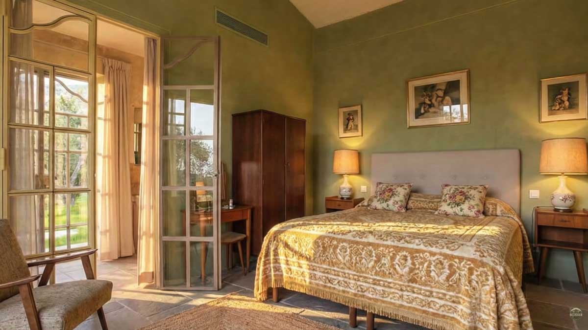 Stylová ložnice ve vile Brigitte Bardot s přírodními barvami textiliemi a výhledem do zahrady.