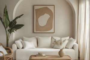 Minimalistický obývací prostor s obloukovou nikou ve stěně která jemně odkazuje na historické architektonické prvky