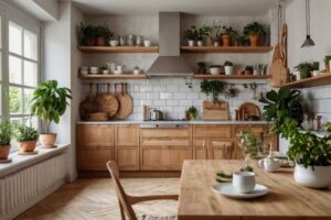 Otevřená kuchyň bez horních skříněk s policemi a světlým obkladem