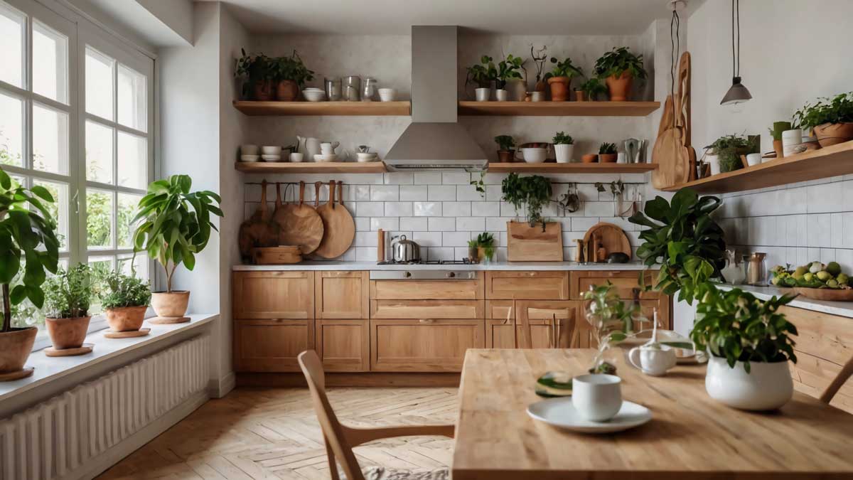 Otevřená kuchyň bez horních skříněk s policemi a světlým obkladem