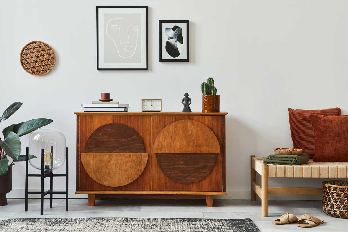 Retro dřevěná skříňka s oblými tvary a manšestrovými polštáři v obývacím pokoji ve stylu sedmdesátých let