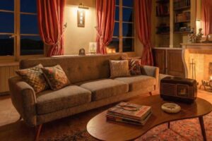 Obývací pokoj ve vile Brigitte Bardot s krbem vintage nábytkem a tlumeným večerním osvětlením.