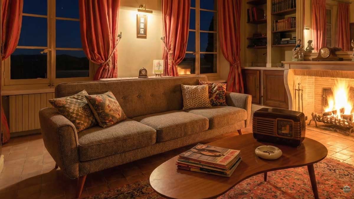 Obývací pokoj ve vile Brigitte Bardot s krbem vintage nábytkem a tlumeným večerním osvětlením.