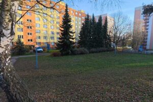 Panelové domy v Orlové obklopené zelení a vzrostlými stromy ukazují běžné prostředí místních sídlišť.