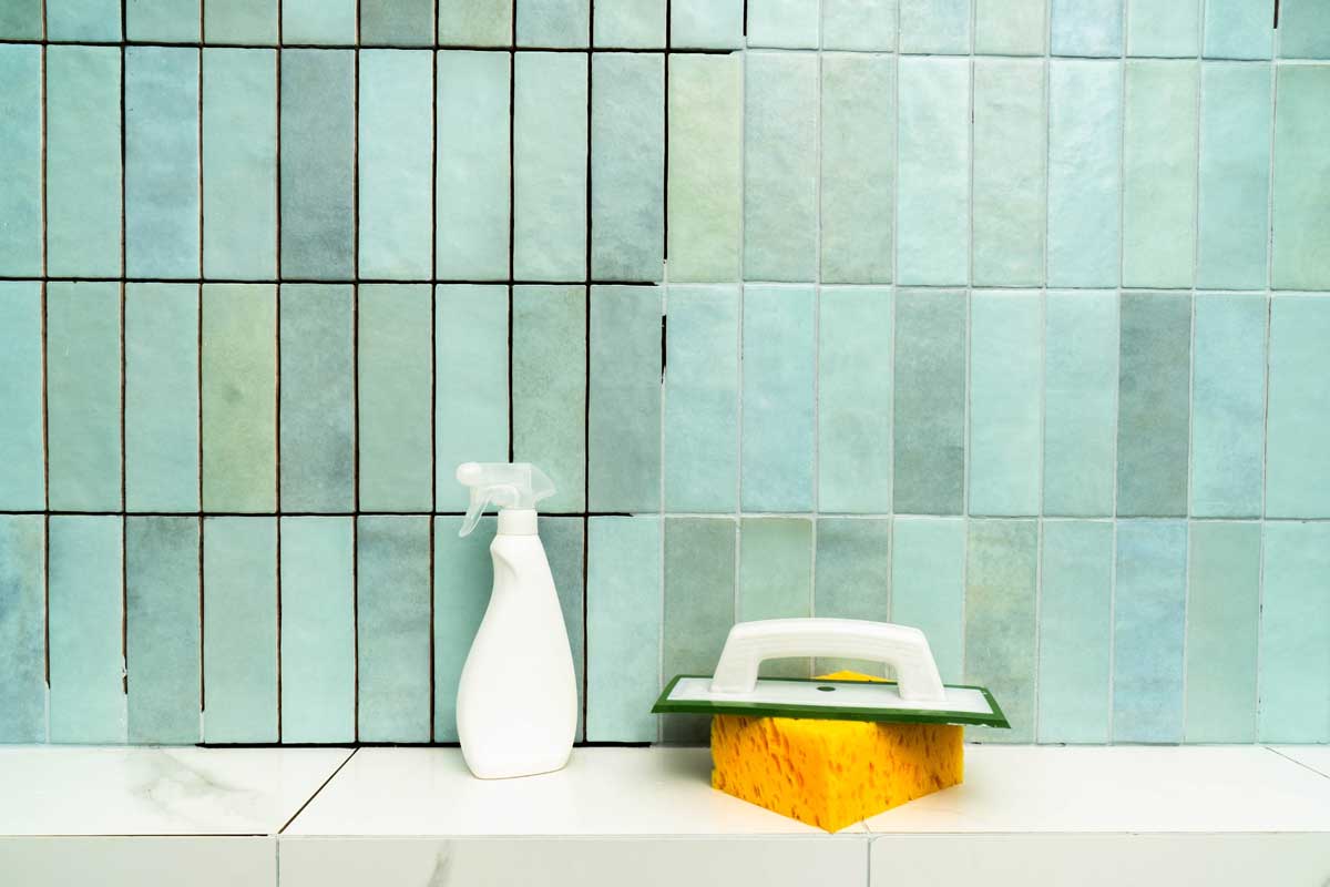 Detail obkladů v koupelně se spárami a pomůckami pro čištění a údržbu povrchu