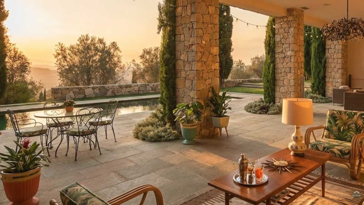 Krytá terasa historického sídla Brigitte Bardot na Francouzské riviéře s kamennými sloupy posezením a výhledem na bazén a zahradu.