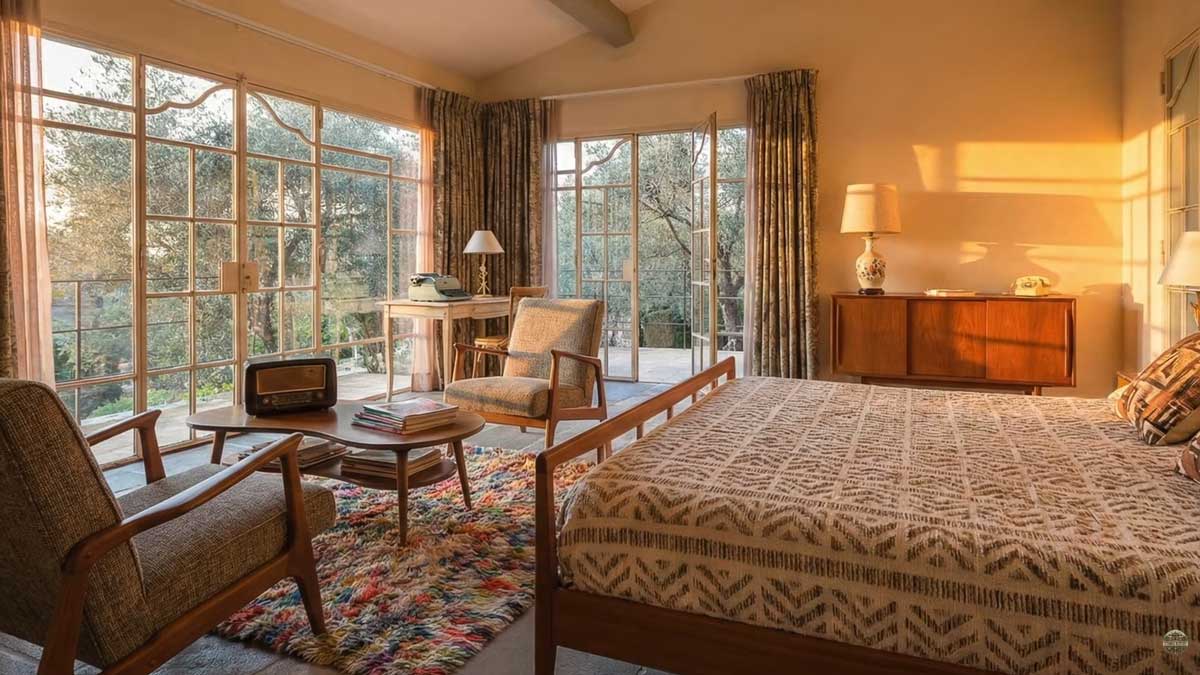 Ložnice ve vile Brigitte Bardot s francouzskými okny vintage nábytkem a výhledem do provensálské zahrady.