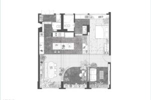 Půdorys bytu ukazuje otevřené propojení kuchyně, jídelny a obývací části s centrální cihlovou strukturou a zelení.