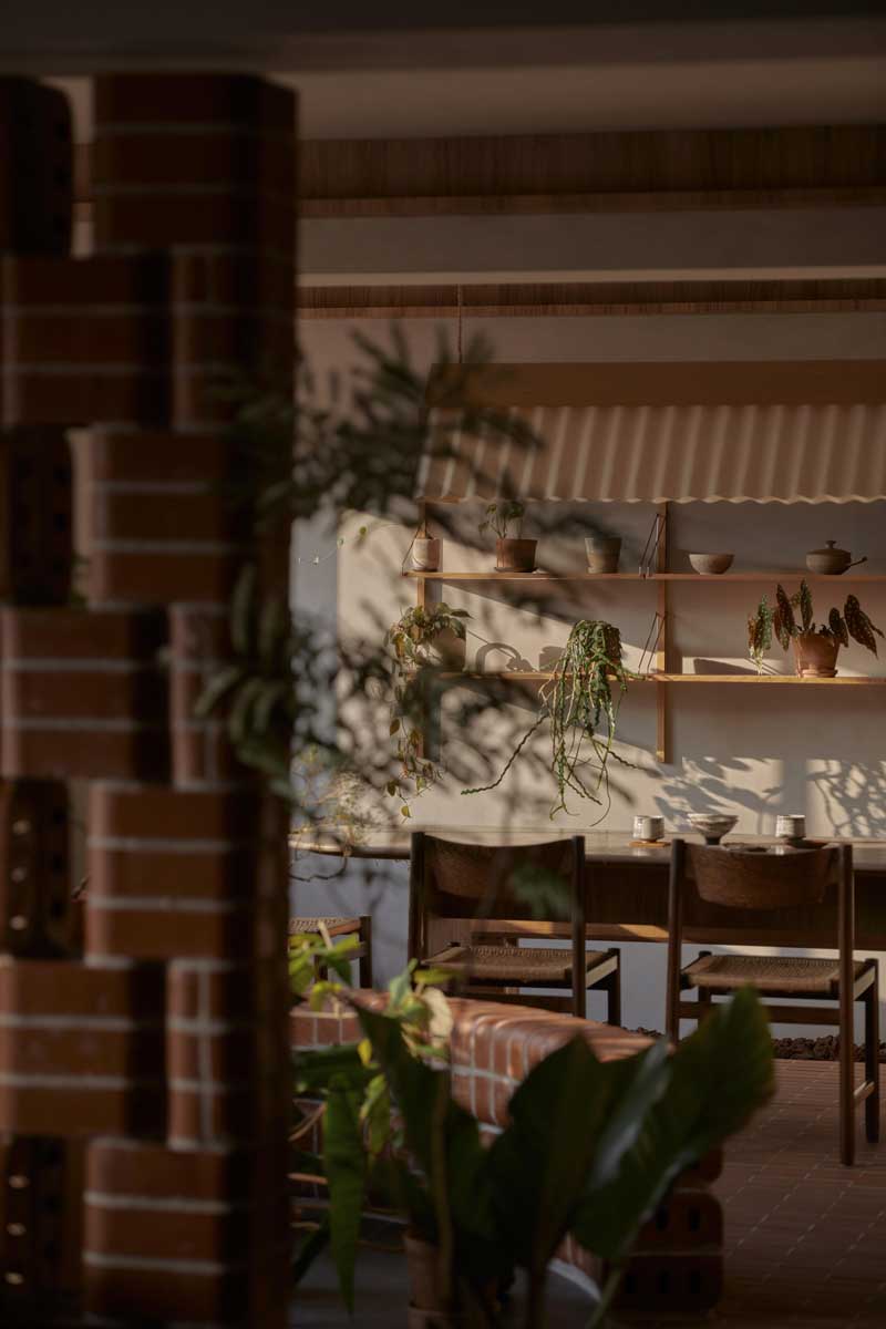 Sluneční světlo dopadající na police s rostlinami a keramickými doplňky posiluje pocit klidného domácího parku.