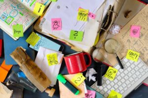 Papíry, drobnosti a odložené předměty se nenápadně hromadí a vytvářejí pocit chaosu.