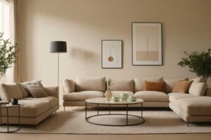 Jednobarevný obývací pokoj v béžových tónech působí klidně a elegantně, ale bez kontrastů a osobních prvků může ztrácet na útulnosti.