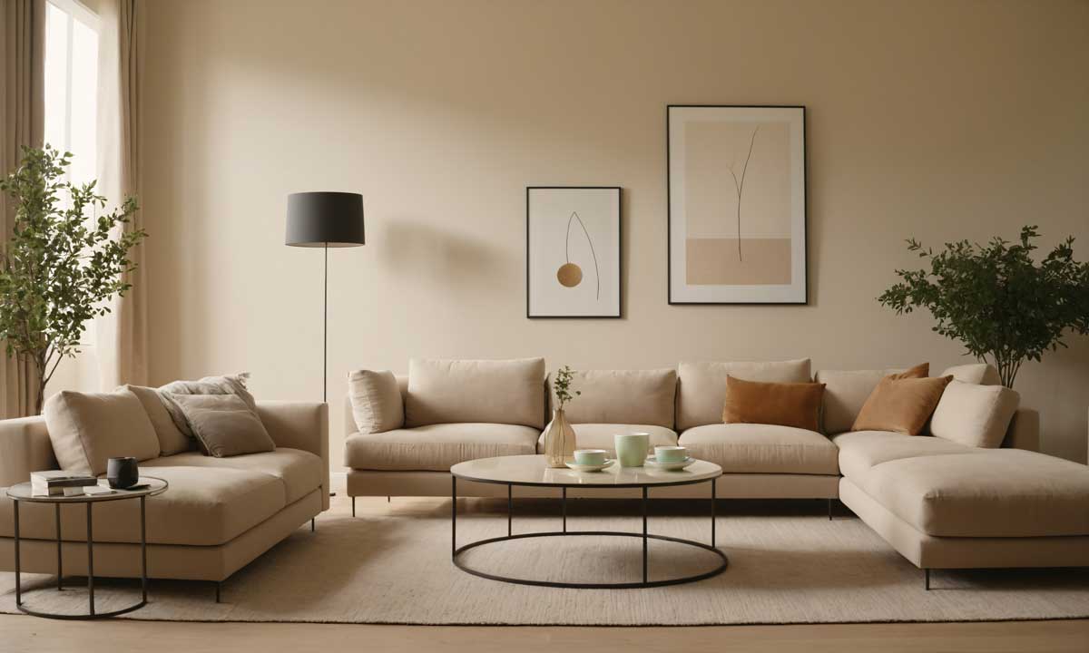 Jednobarevný obývací pokoj v béžových tónech působí klidně a elegantně, ale bez kontrastů a osobních prvků může ztrácet na útulnosti.