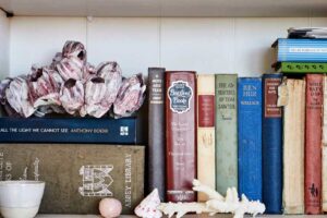 Knihovna zaplněná knihami, dekoracemi a osobními předměty vnáší do obývacího pokoje teplo, charakter a pocit skutečného domova.