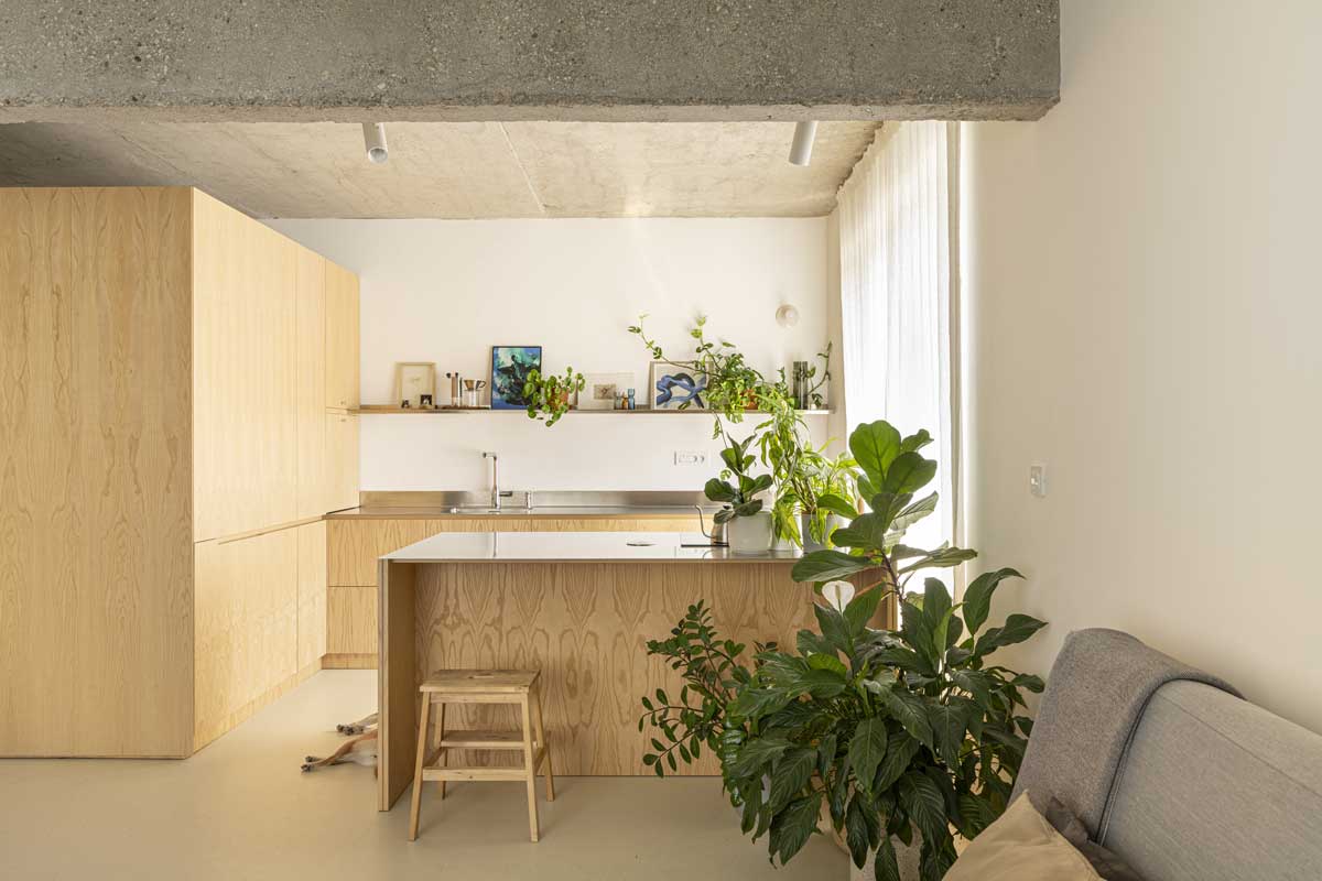 Otevřená kuchyň s dřevěným ostrůvkem a množstvím denního světla v nárožním bytě po rekonstrukci