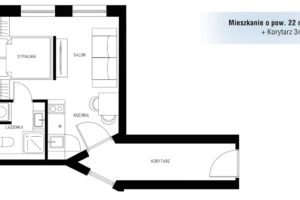 Půdorys malého bytu o velikosti 22 m² s oddělenou ložnicí, kuchyní a koupelnou