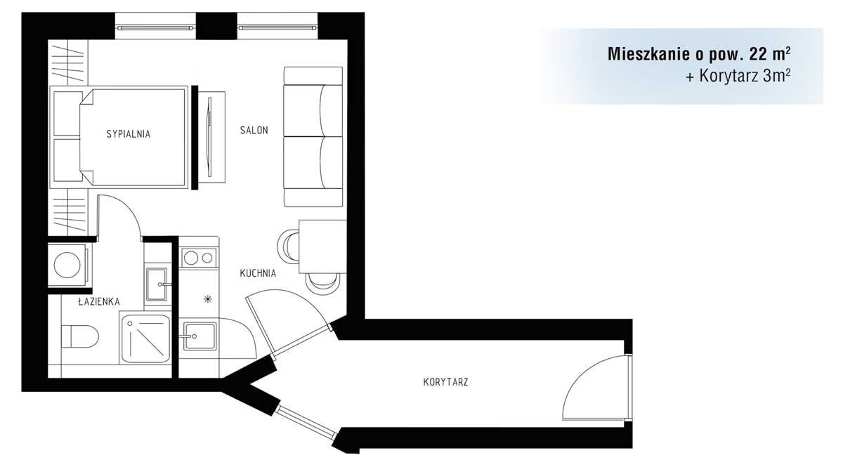 Půdorys malého bytu o velikosti 22 m² s oddělenou ložnicí, kuchyní a koupelnou